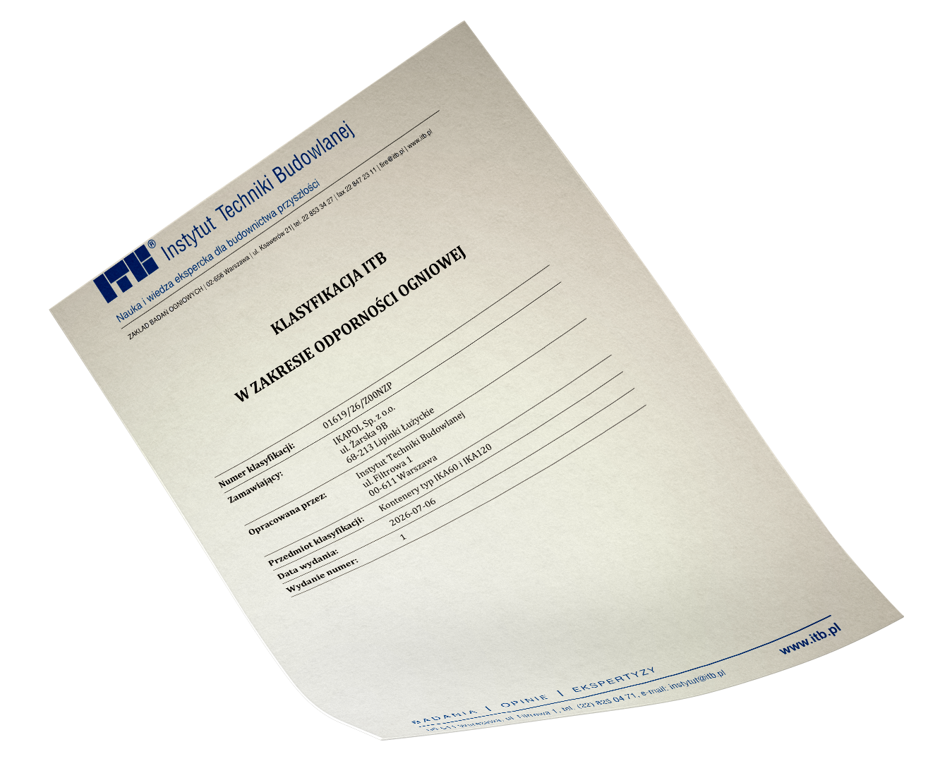 Klasyfikacja PN-EN 13501-2 – ITB potwierdzenie odporności ogniowej kontenerów IKA60 i IKA120.